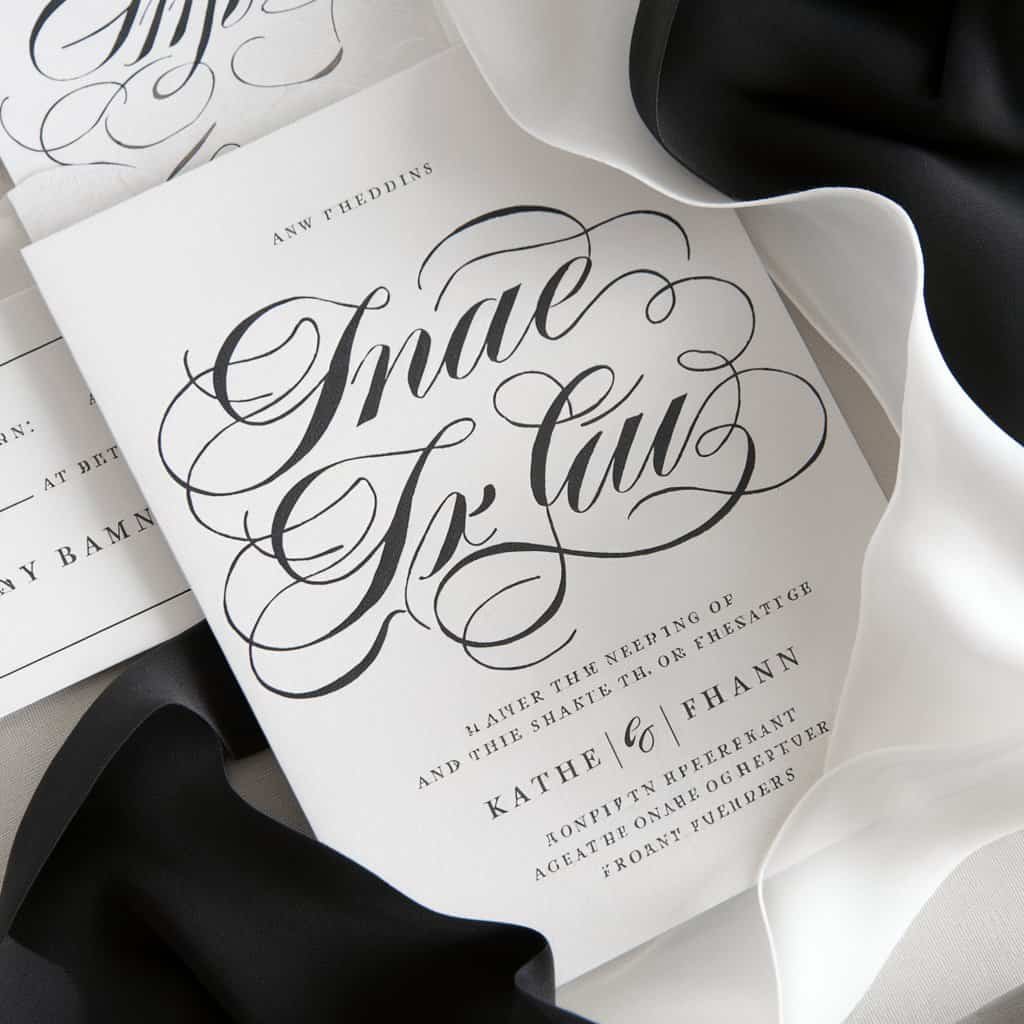 Personalized black and white wedding invitation with elegant calligraphic script font for a loving, intimate touch.