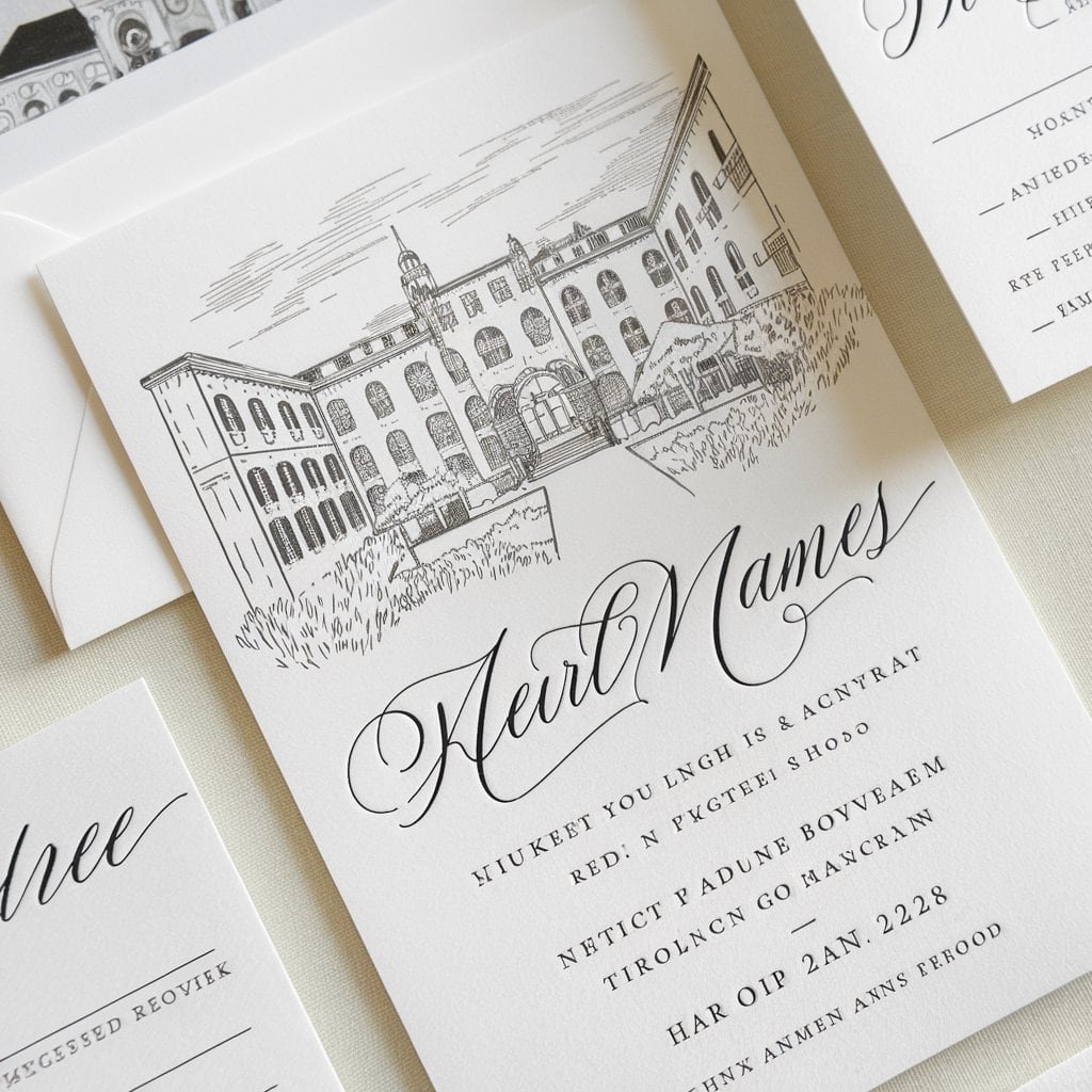 Artistic black and white wedding invitation with a personalized illustration of a special moment or place.