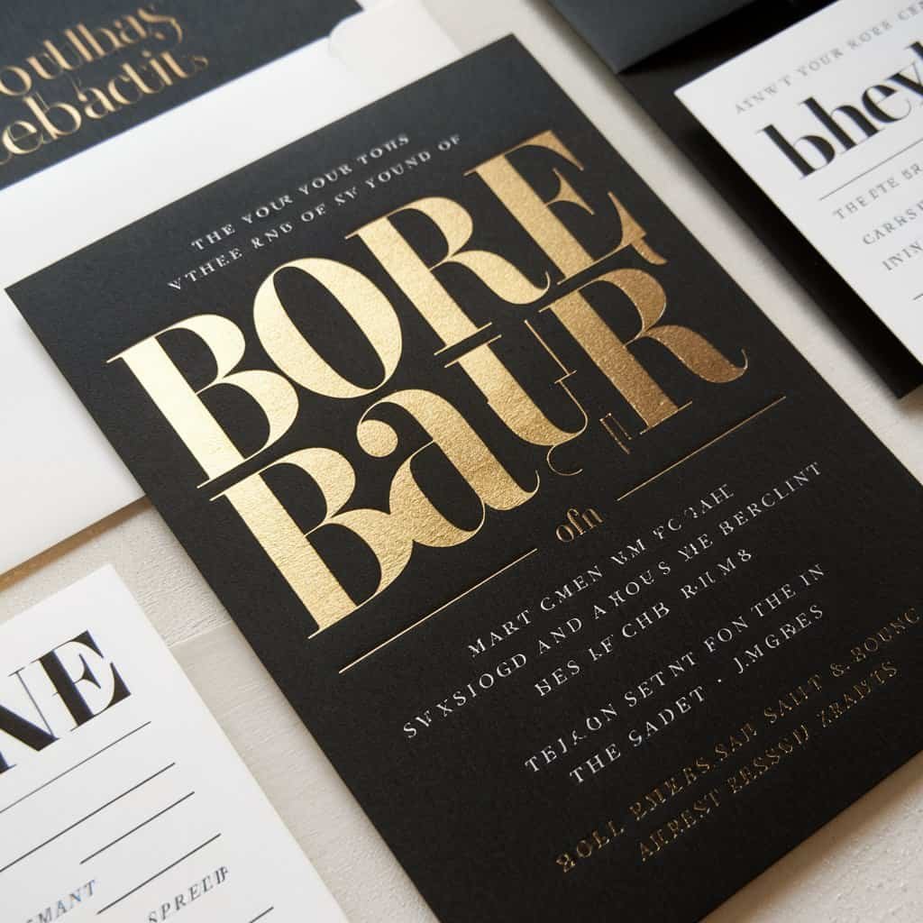 Stunning black and white wedding invitation with foil stamped names and details, adding a chic, modern flair.
