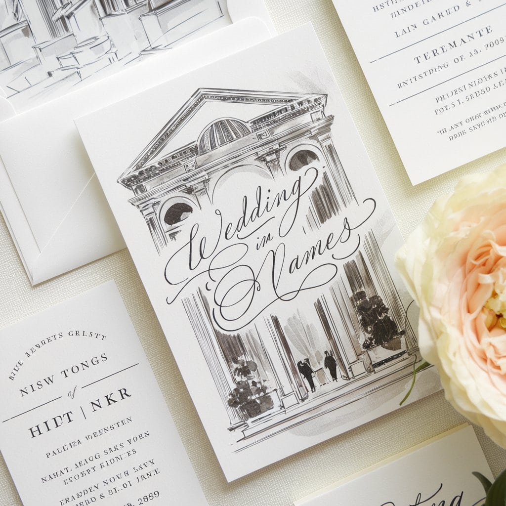 Custom black and white wedding invitation with a hand-drawn illustration that tells the couple's love story.