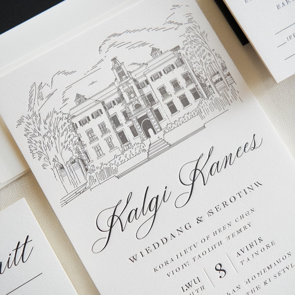 Black and white wedding invitation with a custom illustration of a meaningful location, adding a unique touch.