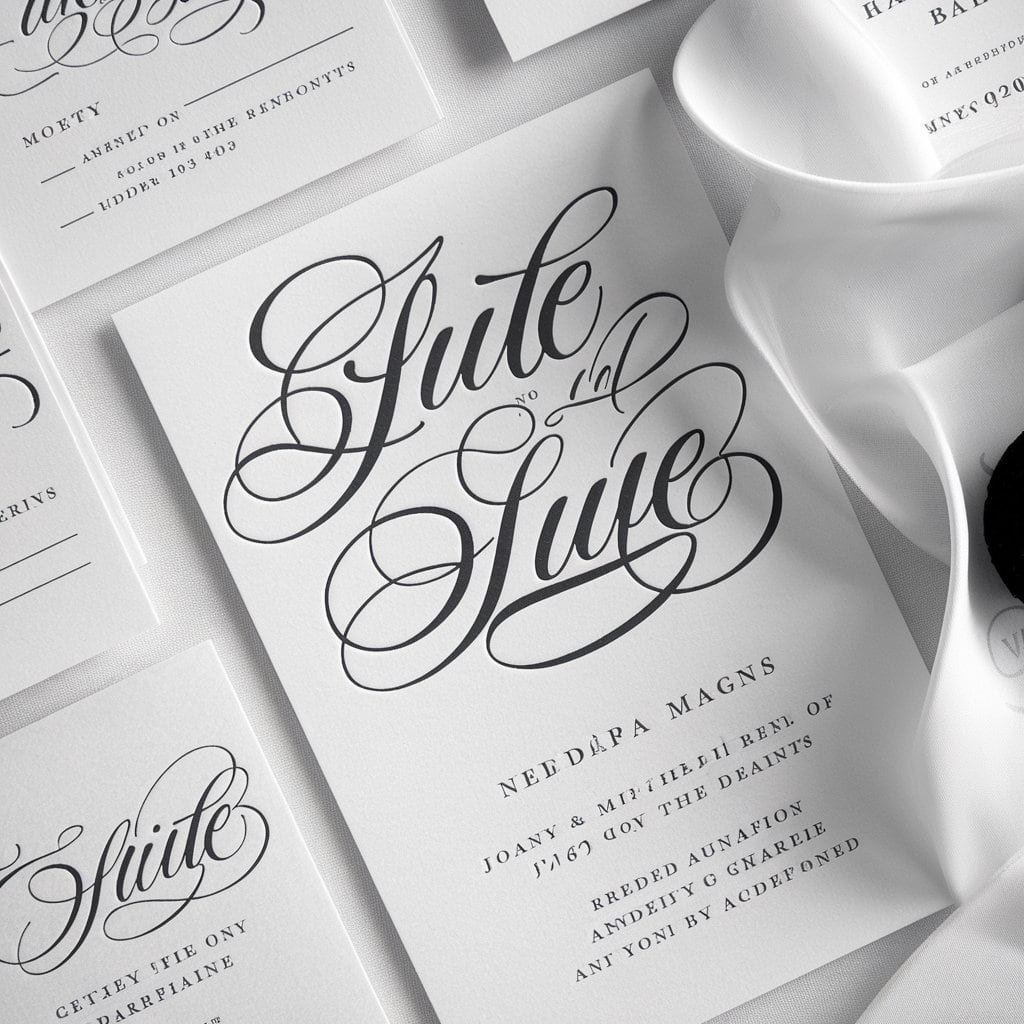 Black and white wedding invitation with stylish script font highlighting the couple’s names for an elegant look.