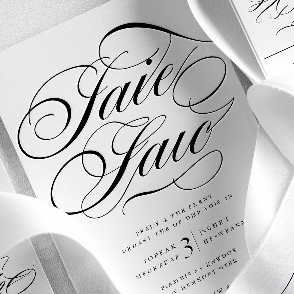 Black and white wedding invitation with delicate handwritten-style fonts, conveying a warm, romantic atmosphere.