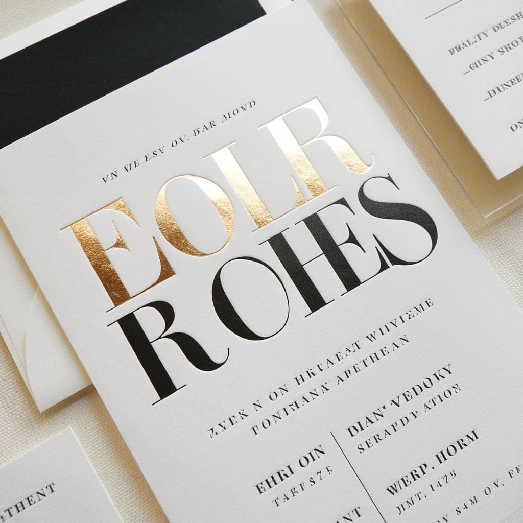 Luxurious black and white wedding invitation with foil stamping, highlighting the couple's names in metallic gold.