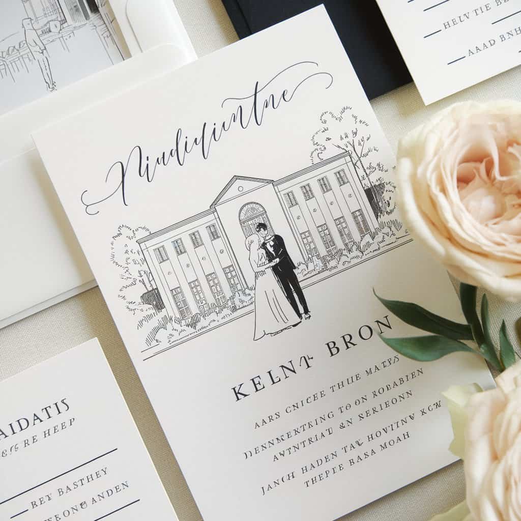 Personalized black and white wedding invitation featuring a custom illustration of the couple’s wedding venue.