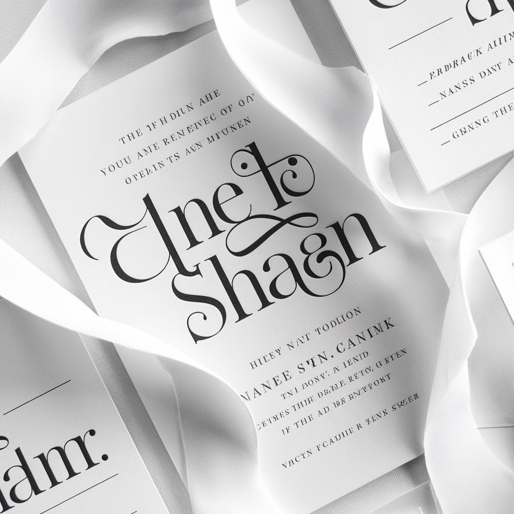 Romantic black and white wedding invitation featuring flowing script fonts for the couple’s names.