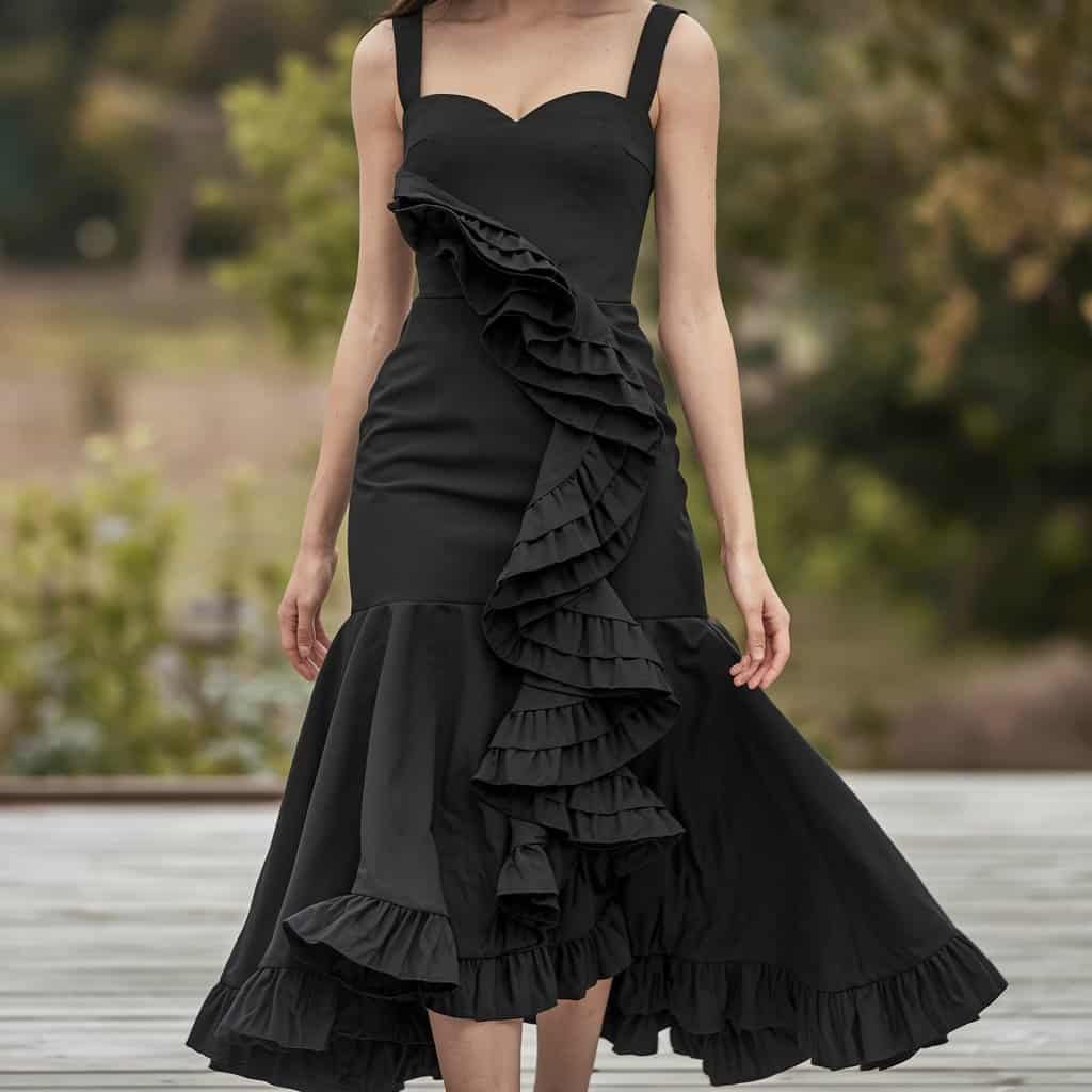 Chic Black Wedding Guest Dresses: Ruffle Midi Dress with Feminine Touches – A black midi dress with feminine ruffle details, perfect for adding elegance and charm to your wedding guest outfit.