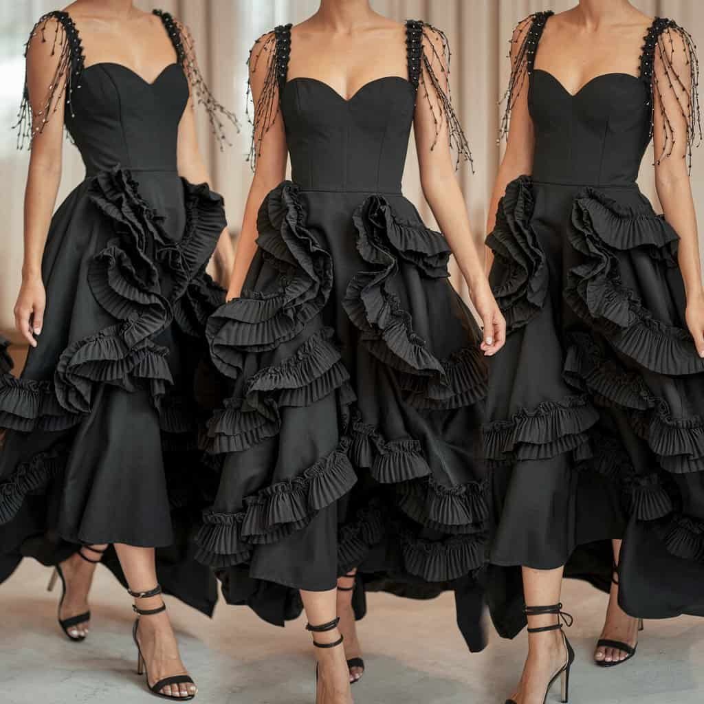 Black Wedding Guest Dresses: Ruffle Detailed Midi Dress with Playful Design – A fun and playful black midi wedding guest dress with ruffle details, offering a fashionable and stylish look.