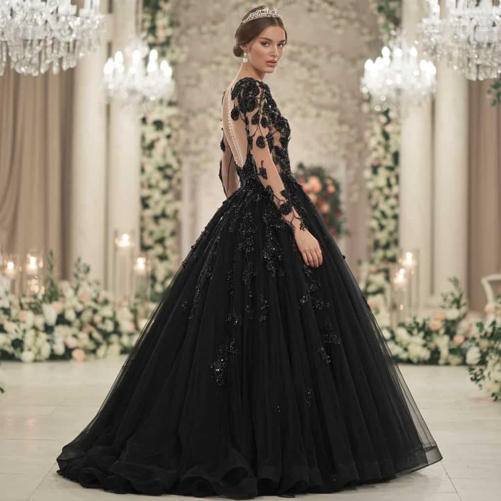 Black Wedding Guest Dresses: Tulle Ball Gown with Layers of Soft Fabric – A black tulle ball gown with soft layers of fabric, offering a fairytale-inspired look for a wedding guest.