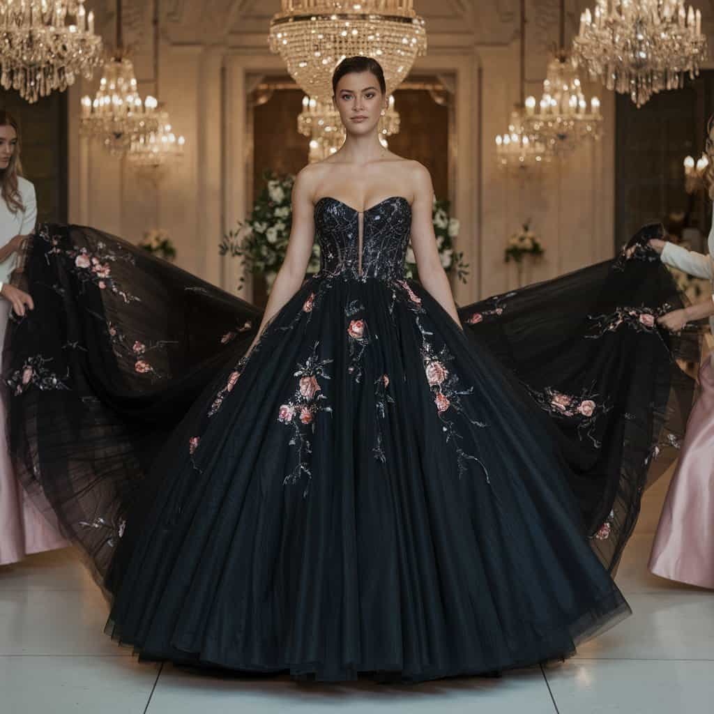 Elegant Black Wedding Guest Dresses: Tulle Ball Gown with Sweetheart Neckline – A black tulle ball gown with a sweetheart neckline, perfect for adding a touch of glamour to your wedding guest attire.