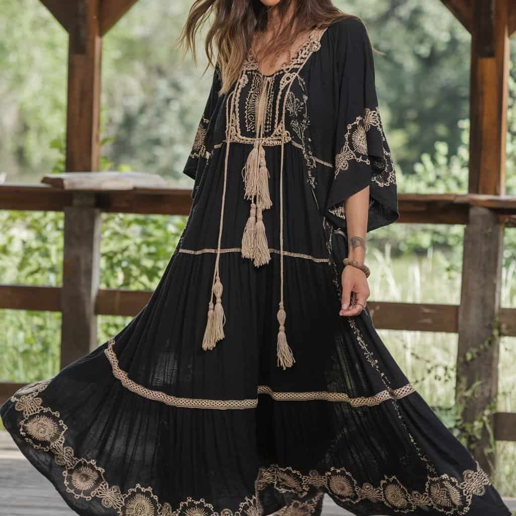 Black Wedding Guest Dresses: Bohemian Maxi with Subtle Sheer Panels – A black bohemian-style maxi wedding dress with subtle sheer panels for an elegant, modern look.