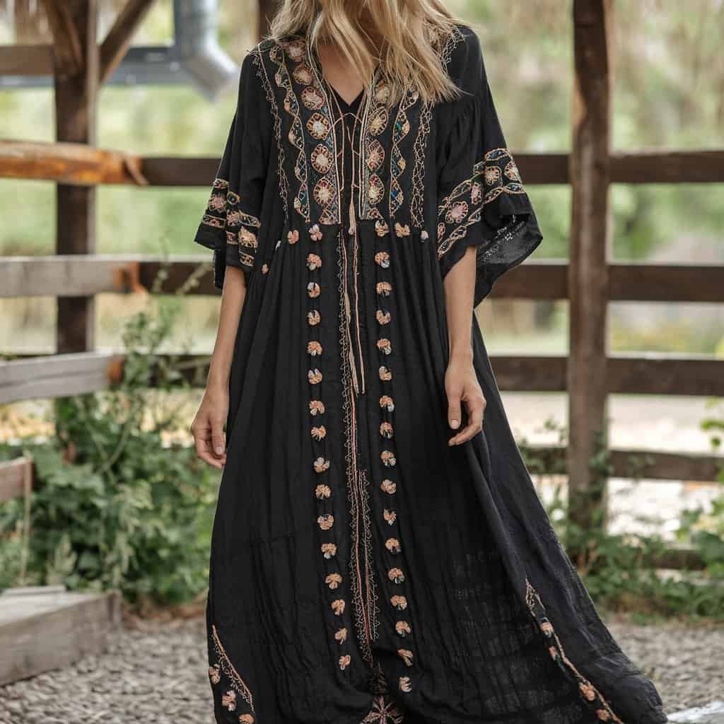 Casual Black Wedding Guest Dresses: Bohemian Maxi with Floral Accents – A casual yet beautiful black bohemian maxi dress adorned with floral accents, ideal for outdoor or garden weddings.