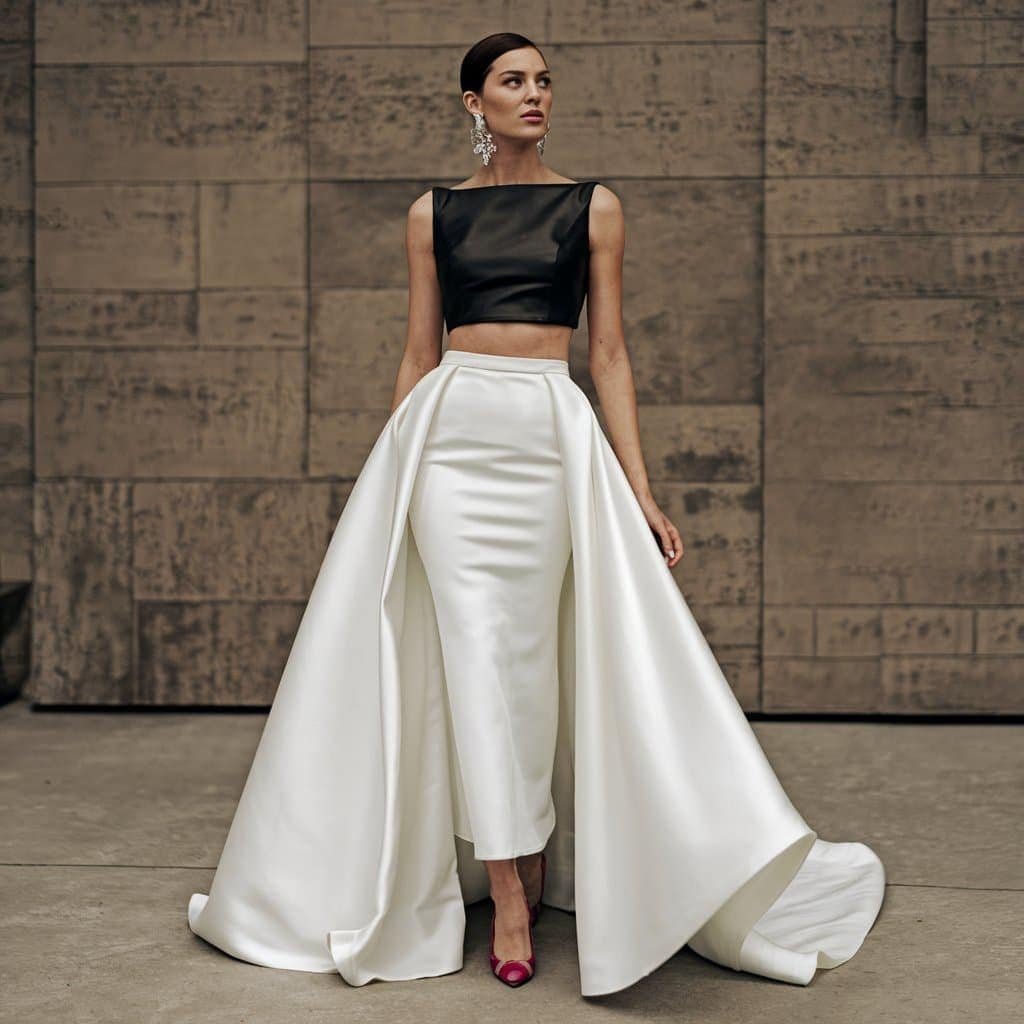 Modern two-piece black and white wedding dress showcasing a black crop top and flowing white skirt.