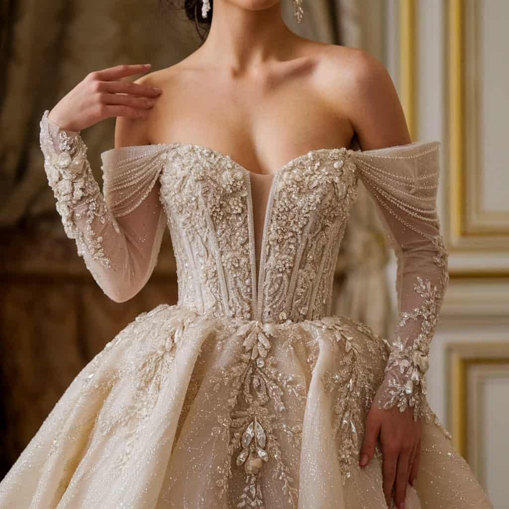 Glamorous off-the-shoulder gown with sparkling beadwork, ideal for a bride seeking a regal and extravagant wedding day
