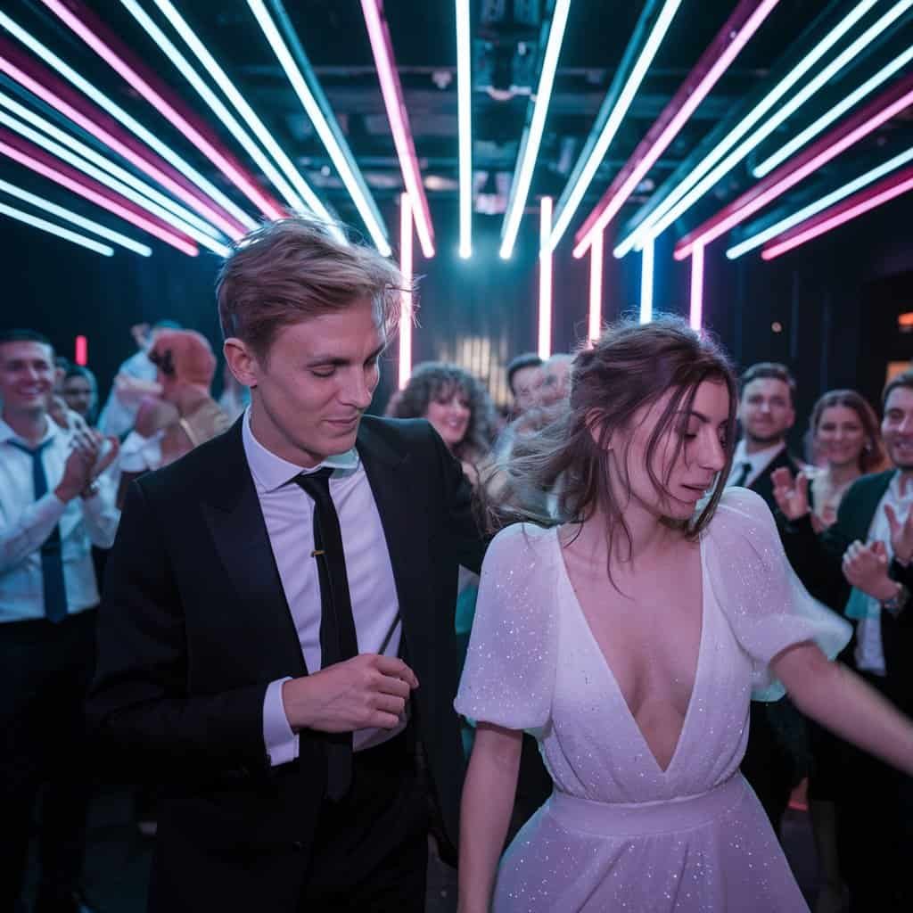 Newly married couple dancing to electronic wedding songs at their reception, creating a joyful and romantic atmosphere on the dance floor.