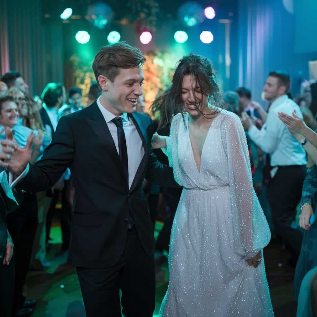 Bride and groom enjoying their first dance together, with electronic wedding songs playing in the background, adding an energetic vibe to the celebration.