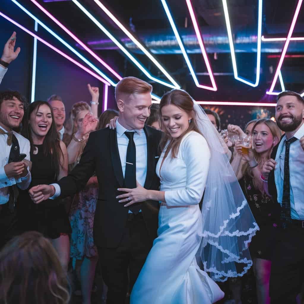 A newlywed couple swaying to the beat of electronic wedding songs, surrounded by guests at their wedding reception, making memories on their special day.