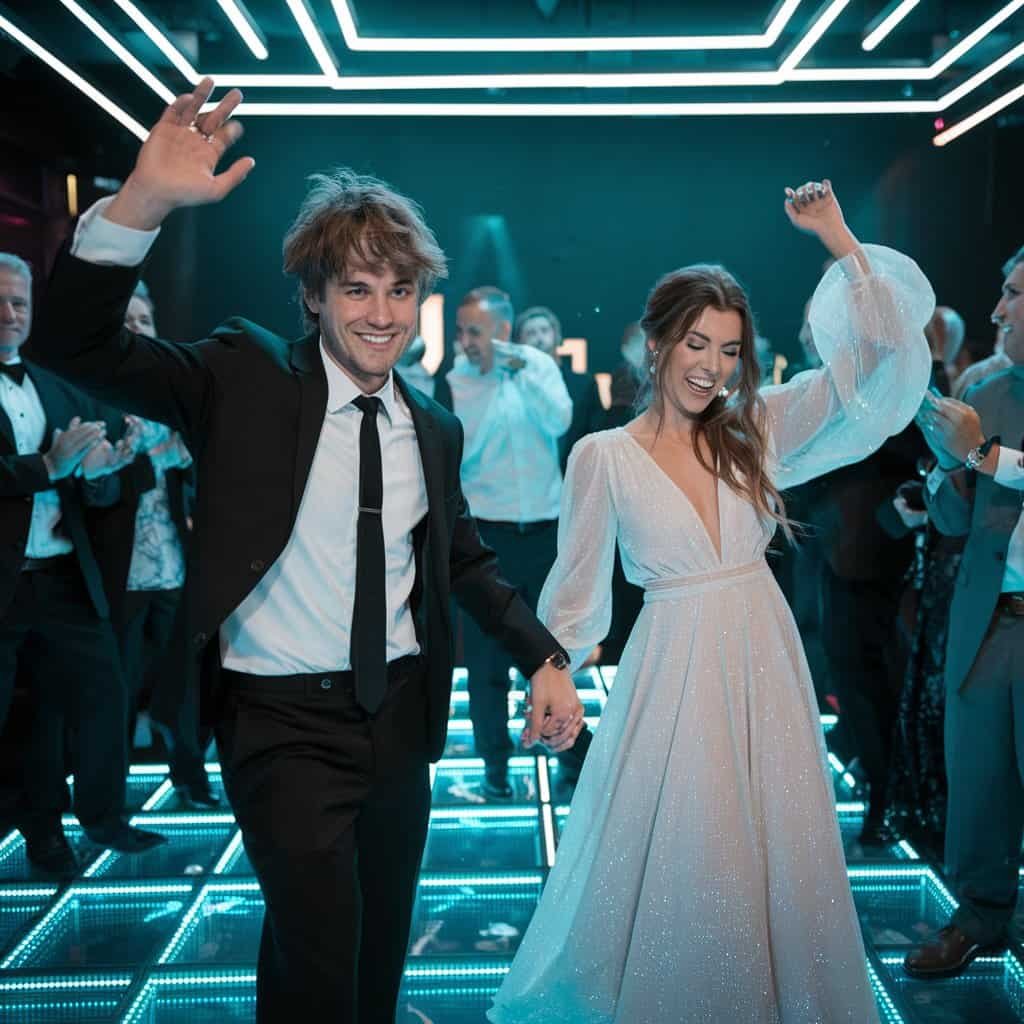 Couple dancing in a glowing, festive setting while electronic wedding songs set the tone for a modern and unforgettable wedding celebration.