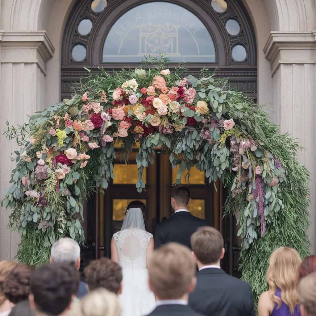 Bride and groom posing in front of the courthouse before their wedding ceremony.