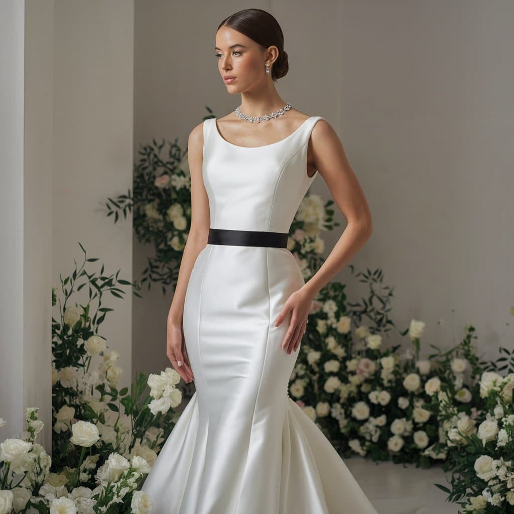 Bride in a form-fitting satin mermaid black and white wedding dress with black belt or sash for added elegance.