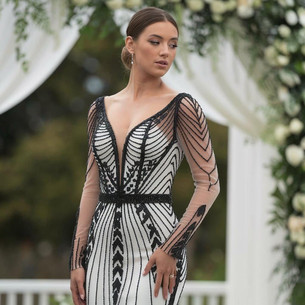 Bride wearing an intricately beaded black and white wedding gown, with bead detailing highlighting the elegant design.