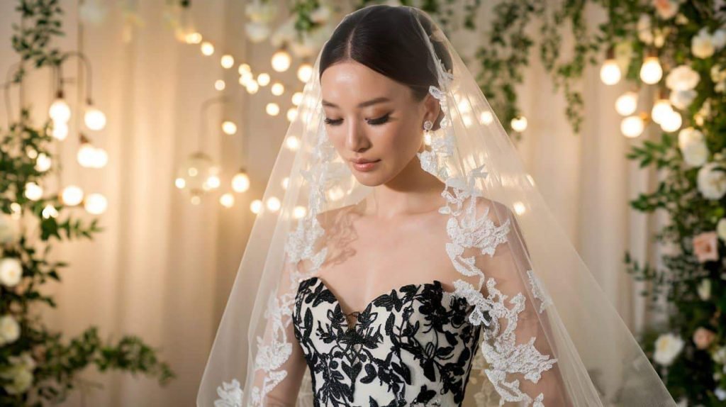 Stunning bride wearing a chic black and white wedding gown with intricate details, surrounded by fairy lights and lush greenery