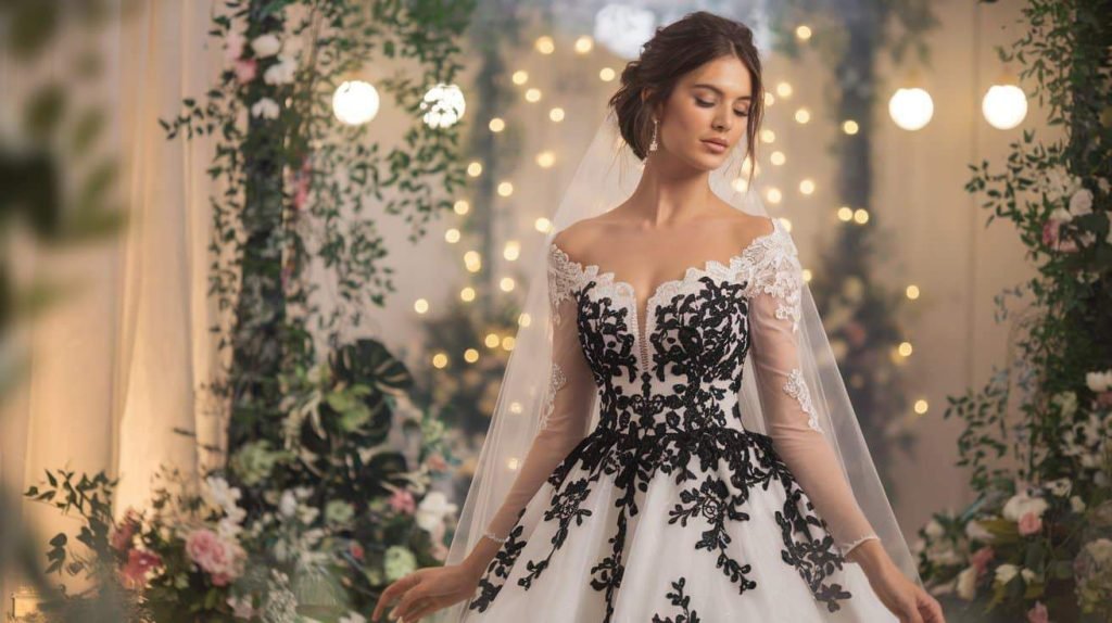 Sophisticated black and white bridal gown featuring delicate lace and modern silhouette, perfect for a stylish wedding celebration