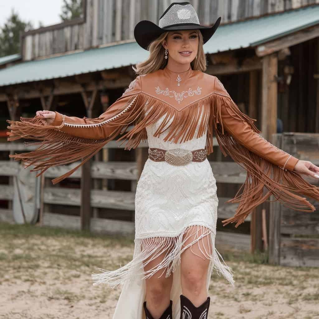 Beautiful bride in a Cowgirl wedding dress with fringe and high-low hem, a perfect choice for a Western-themed, adventurous celebration.
