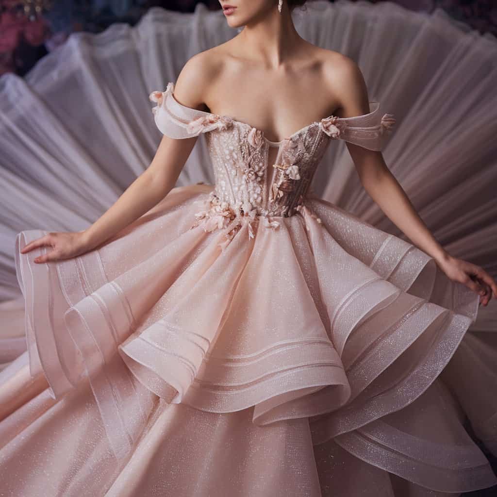 Beautiful royal wedding dress with an off-the-shoulder neckline, crafted from airy fabric for a fresh and light bridal look.