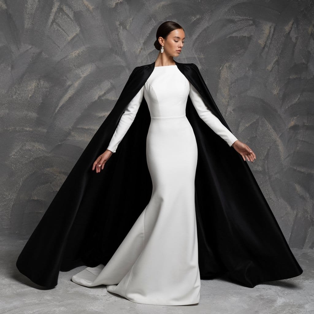 Regal white wedding dress paired with a dramatic black cape for a sophisticated and dramatic black and white wedding dress.