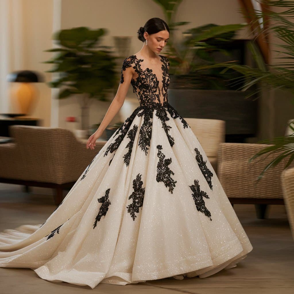 Timeless black and white wedding dresses featuring intricate lace detailing for a romantic yet edgy look.