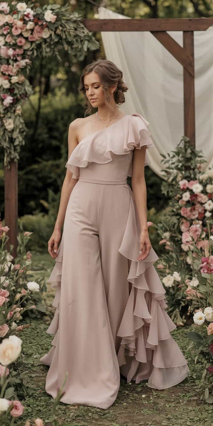 Bride wearing a jumpsuit wedding dress with cascading ruffles and a one-shoulder design