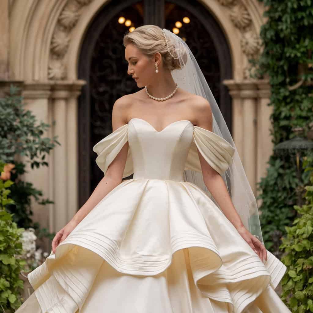 Elegant royal off-the-shoulder wedding dress featuring a timeless ball gown silhouette, embellished with vintage lace details for a classic look.