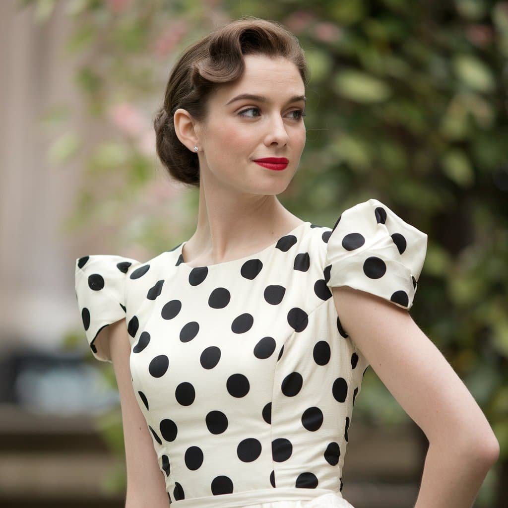Bride wearing a classic vintage-inspired polka dot black and white wedding dress for a whimsical, timeless look.