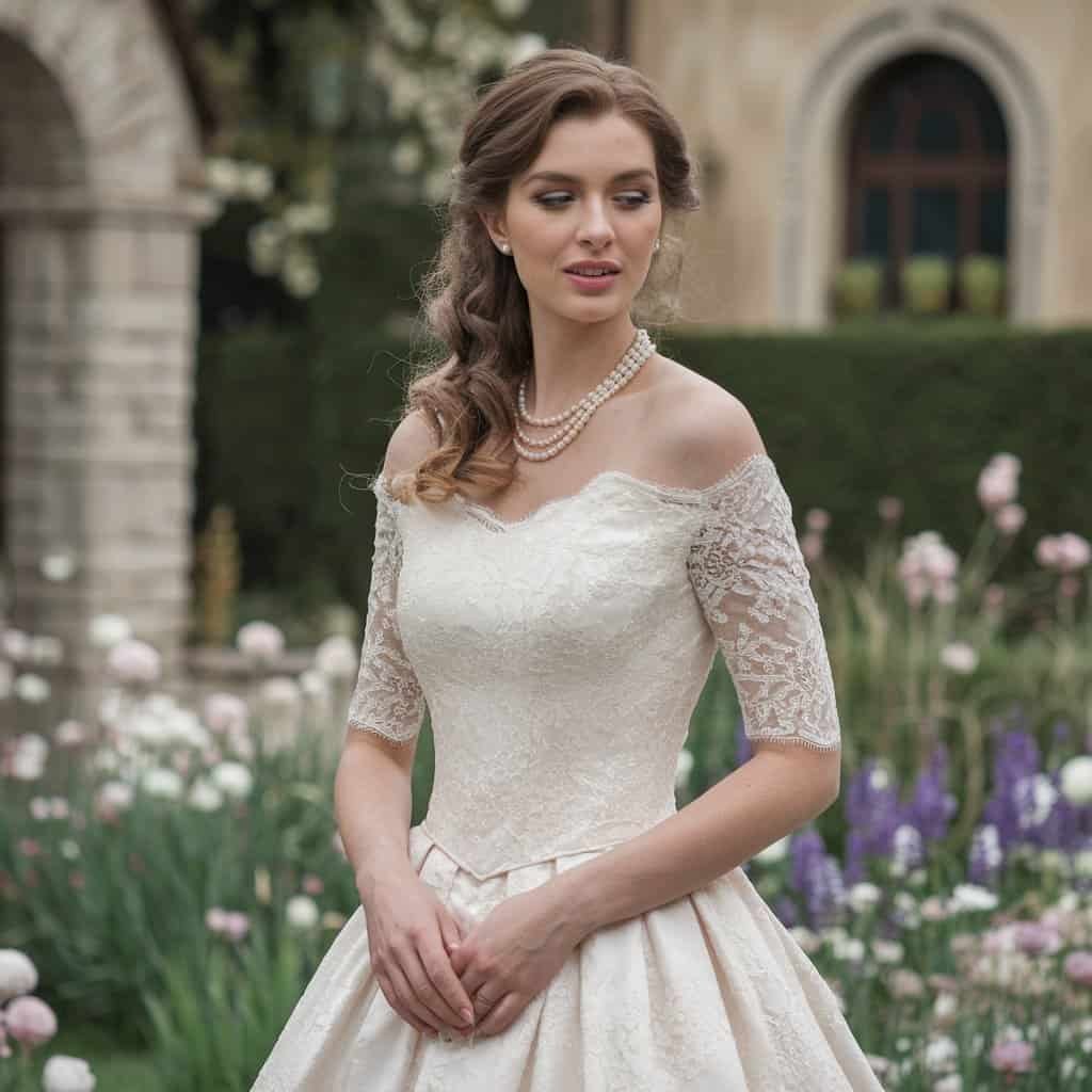 Elegant gown featuring off-the-shoulder styling and delicate vintage lace accents, perfect for a nostalgic bridal aesthetic.