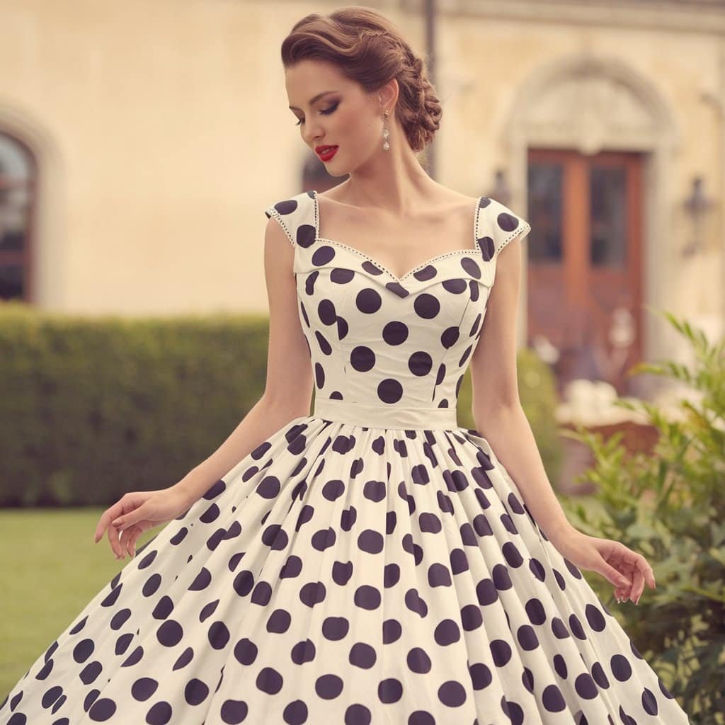 Playful vintage-inspired black and white wedding dress featuring retro polka dots for a fun bridal look.