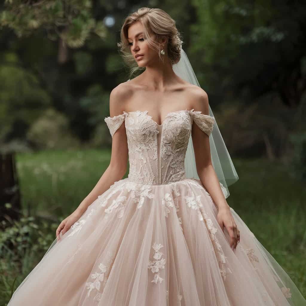 Stunning off-the-shoulder gown with whimsical layers of tulle, creating a delightful and regal appearance for the bride.