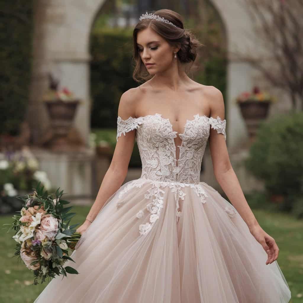 Charming royal wedding dress showcasing a voluminous tulle skirt and off-the-shoulder neckline, perfect for a dreamy celebration.