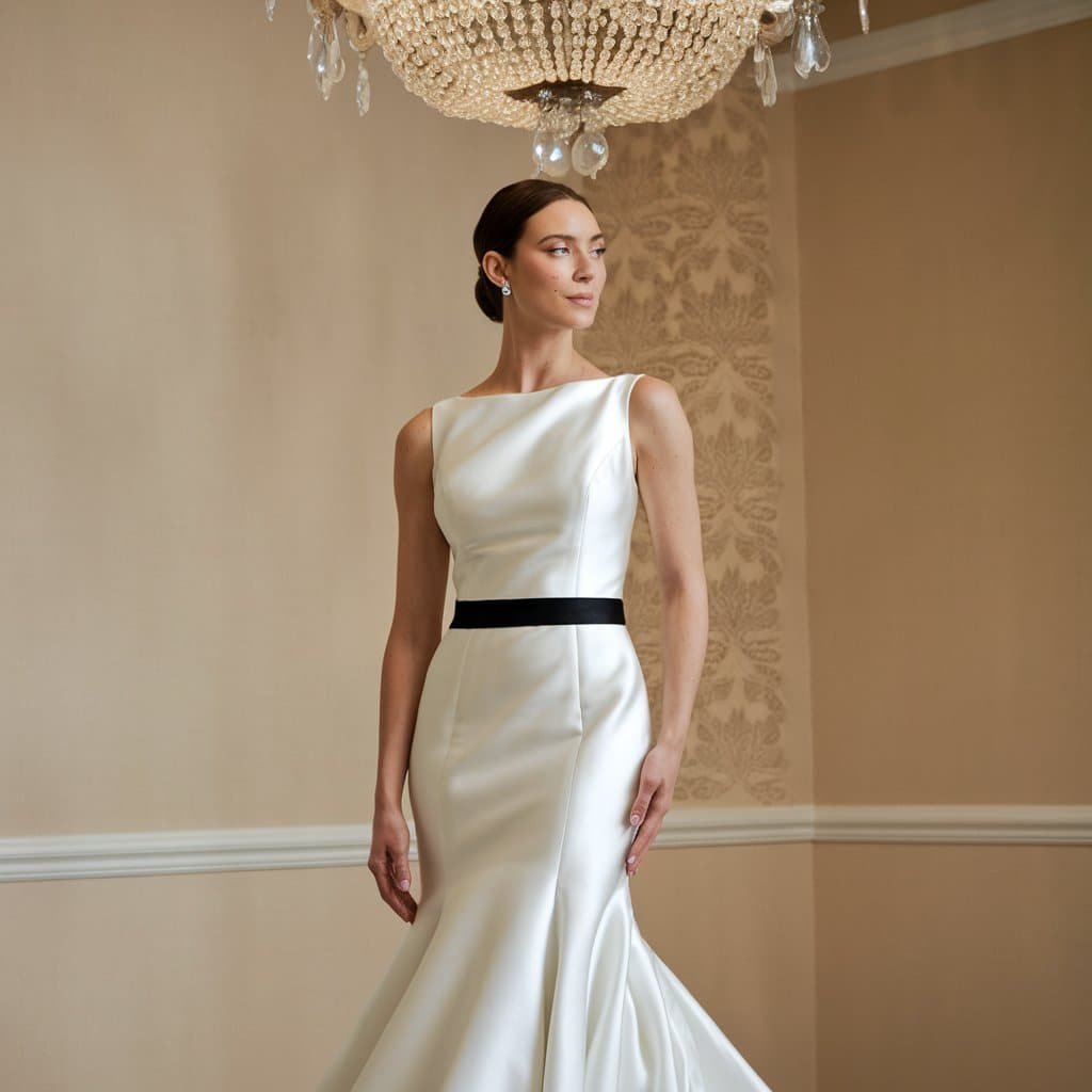 Modern black and white wedding dress with satin finish and black accents hugging the bride's silhouette.