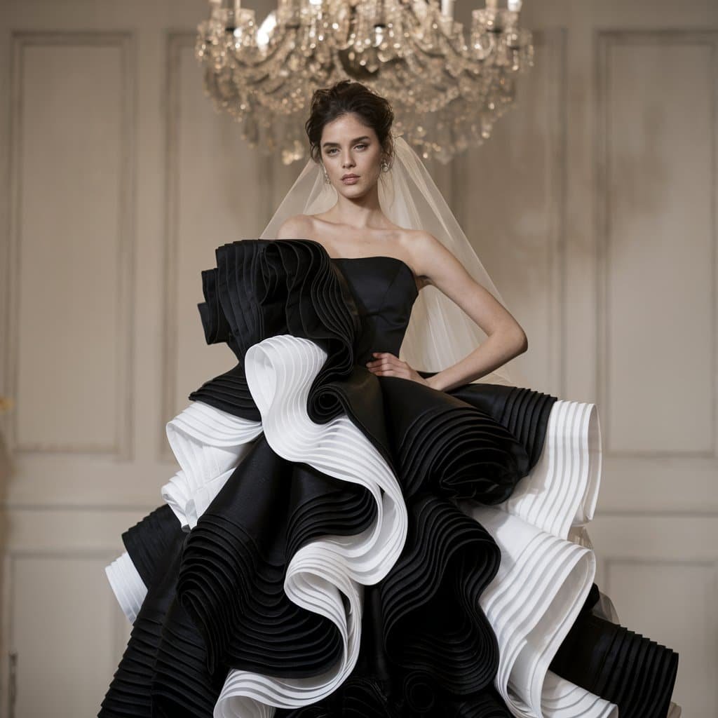 Bold black and white wedding gown with statement ruffles, perfect for brides who want a dress with flair and dimension.