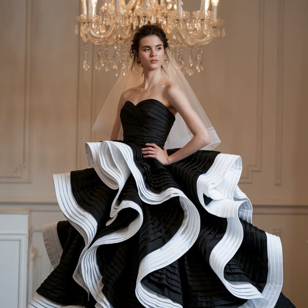Dramatic black and white wedding dresses with voluminous ruffles creating texture, movement, and a bold bridal statement.