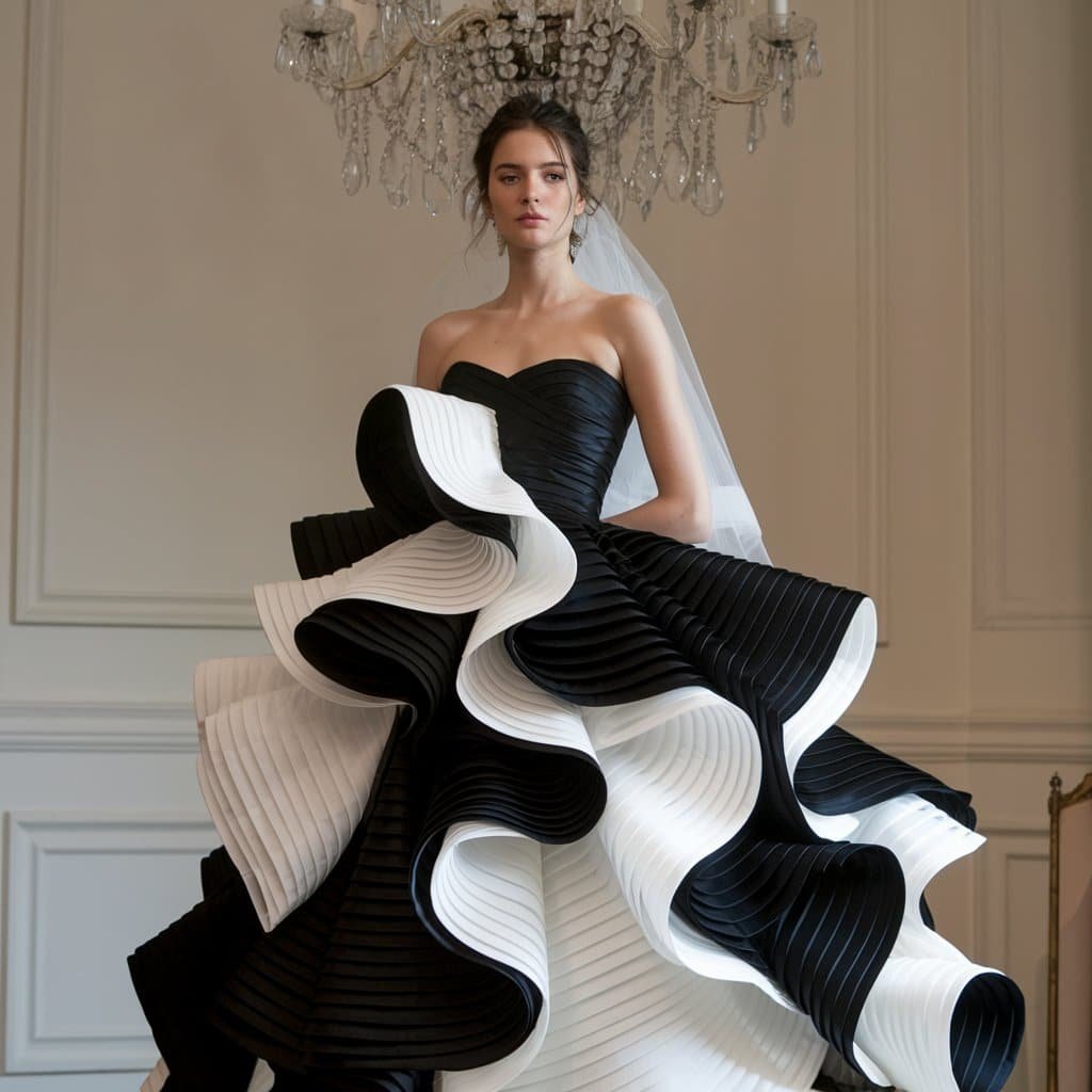 Stunning black and white wedding dresses with dramatic ruffles creating a high-impact bridal look.