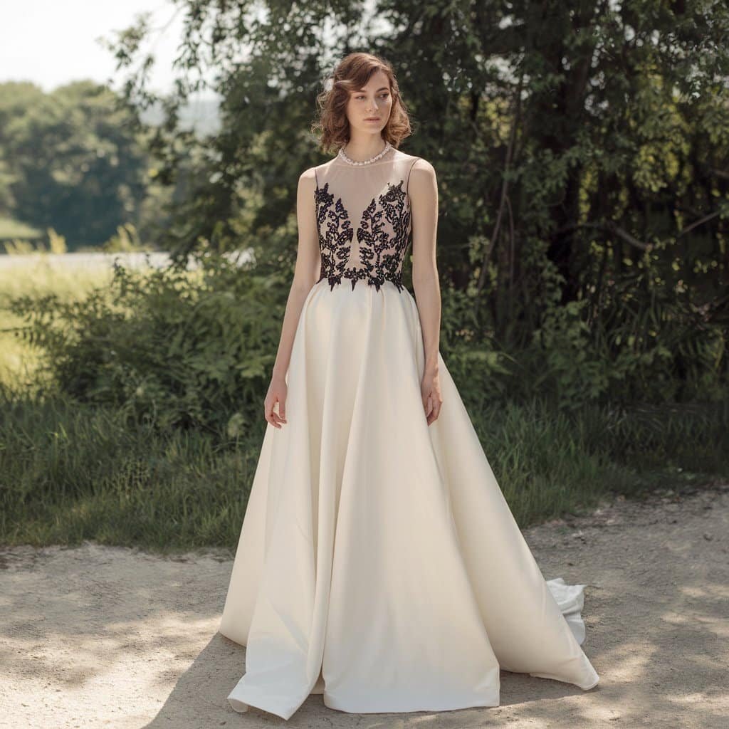 Customizable black and white wedding dress with a mix-and-match design allowing the bride to create her perfect gown.