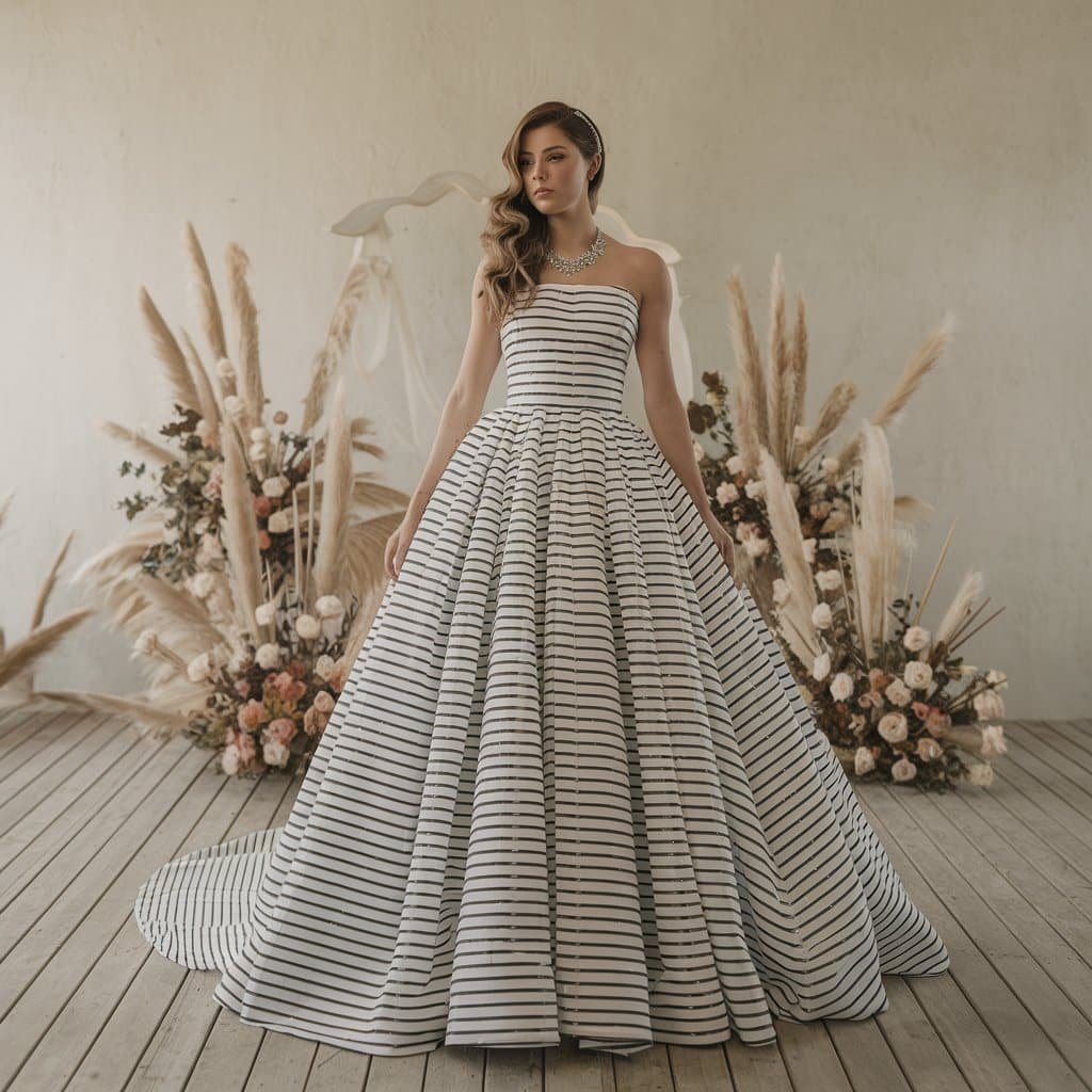 Bold black and white wedding dresses with monochrome stripes for a daring, modern bridal statement.