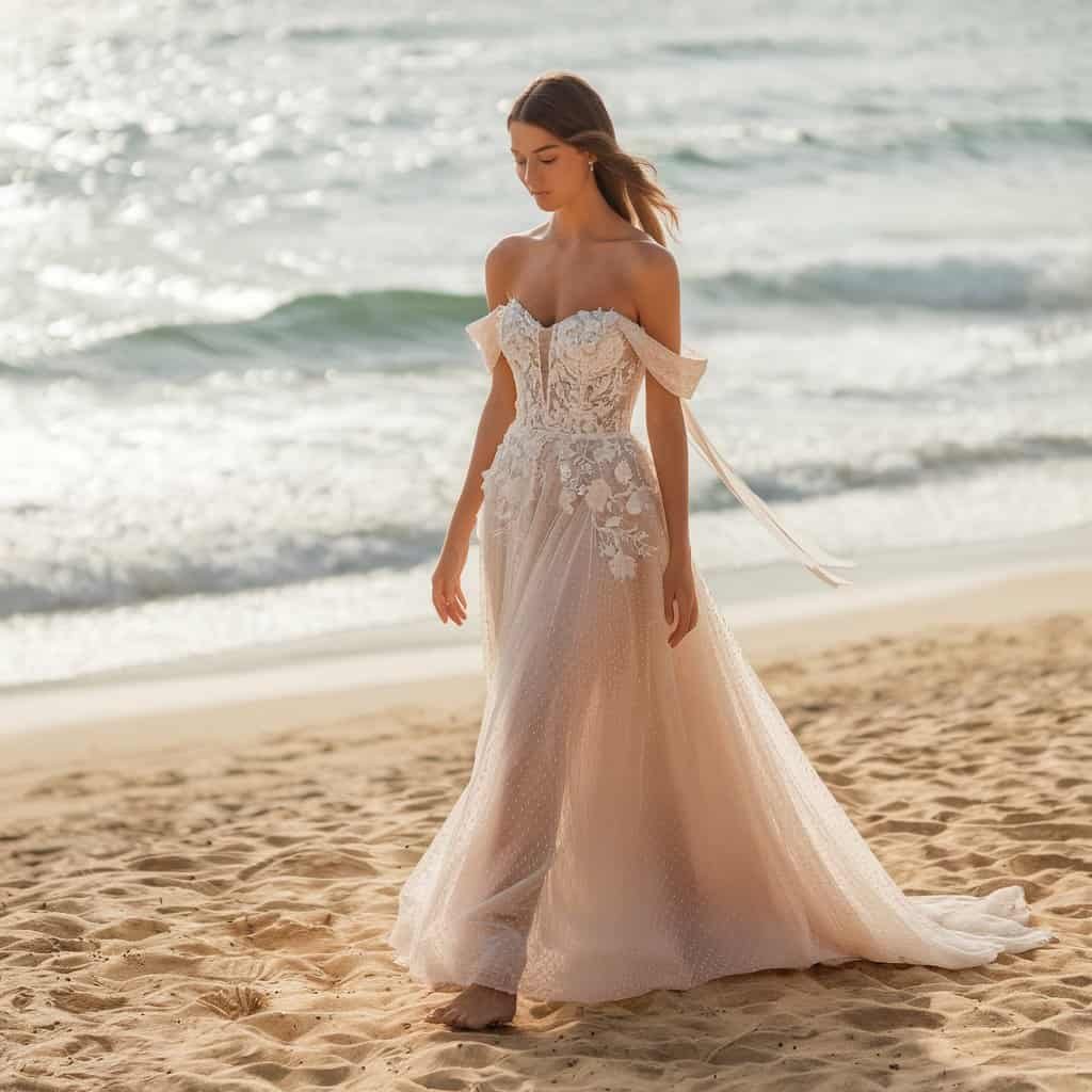 Stunning royal wedding dress with an off-the-shoulder design and a flowing cape, ideal for a picturesque beach setting