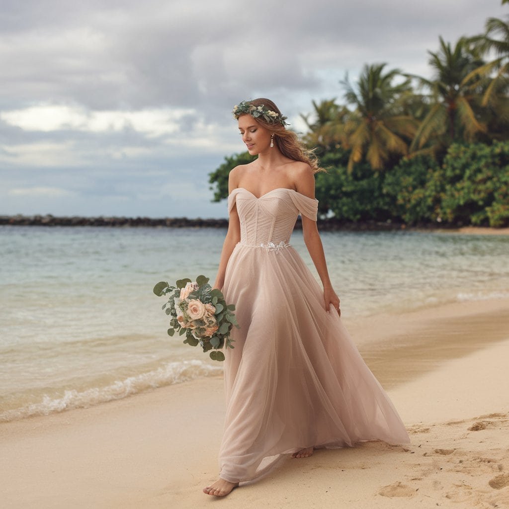 Chic off-the-shoulder gown featuring a lightweight flowing cape, designed for a breezy and elegant bridal look by the sea