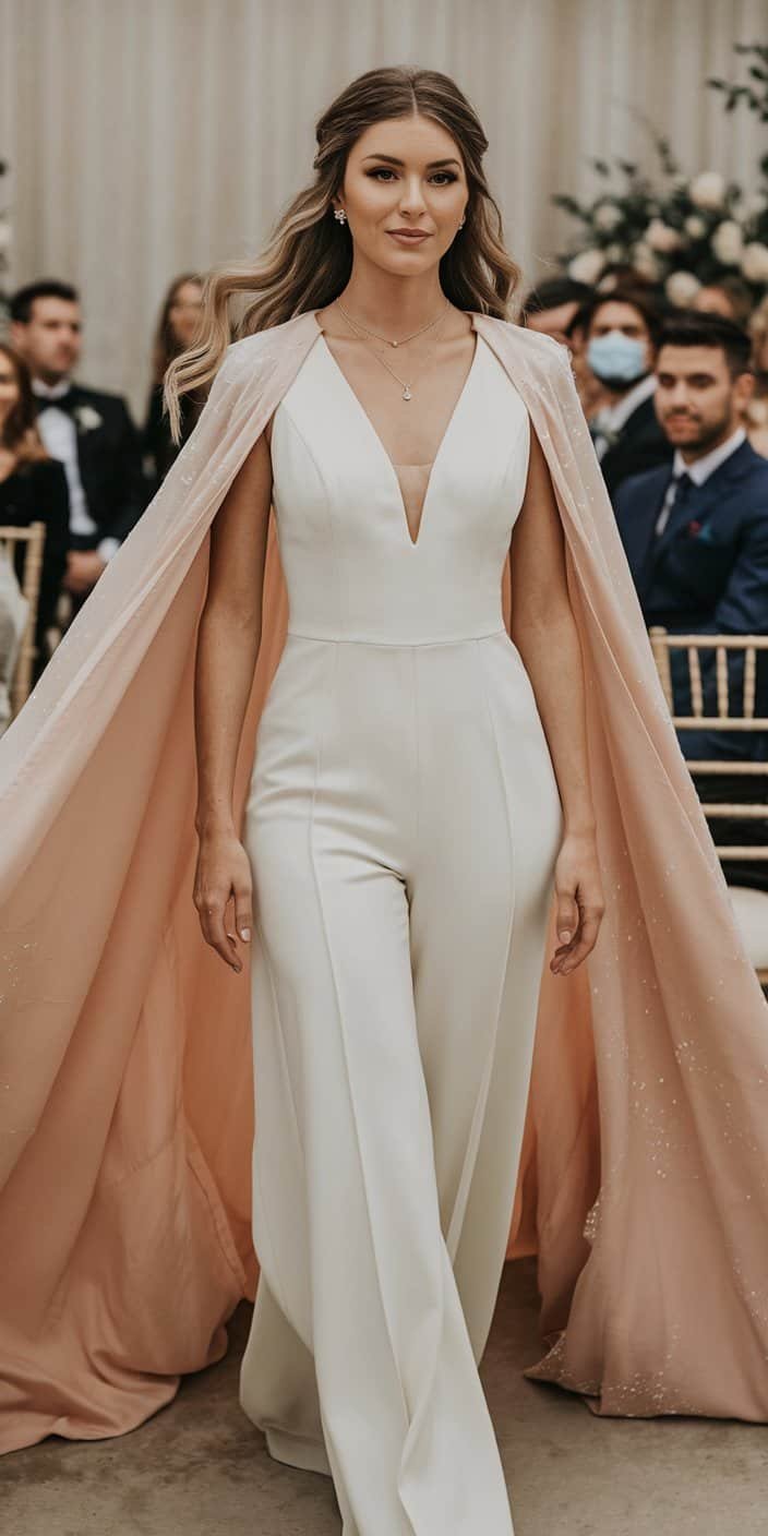 Elegant jumpsuit wedding dress featuring a cape design perfect for regal and modern brides