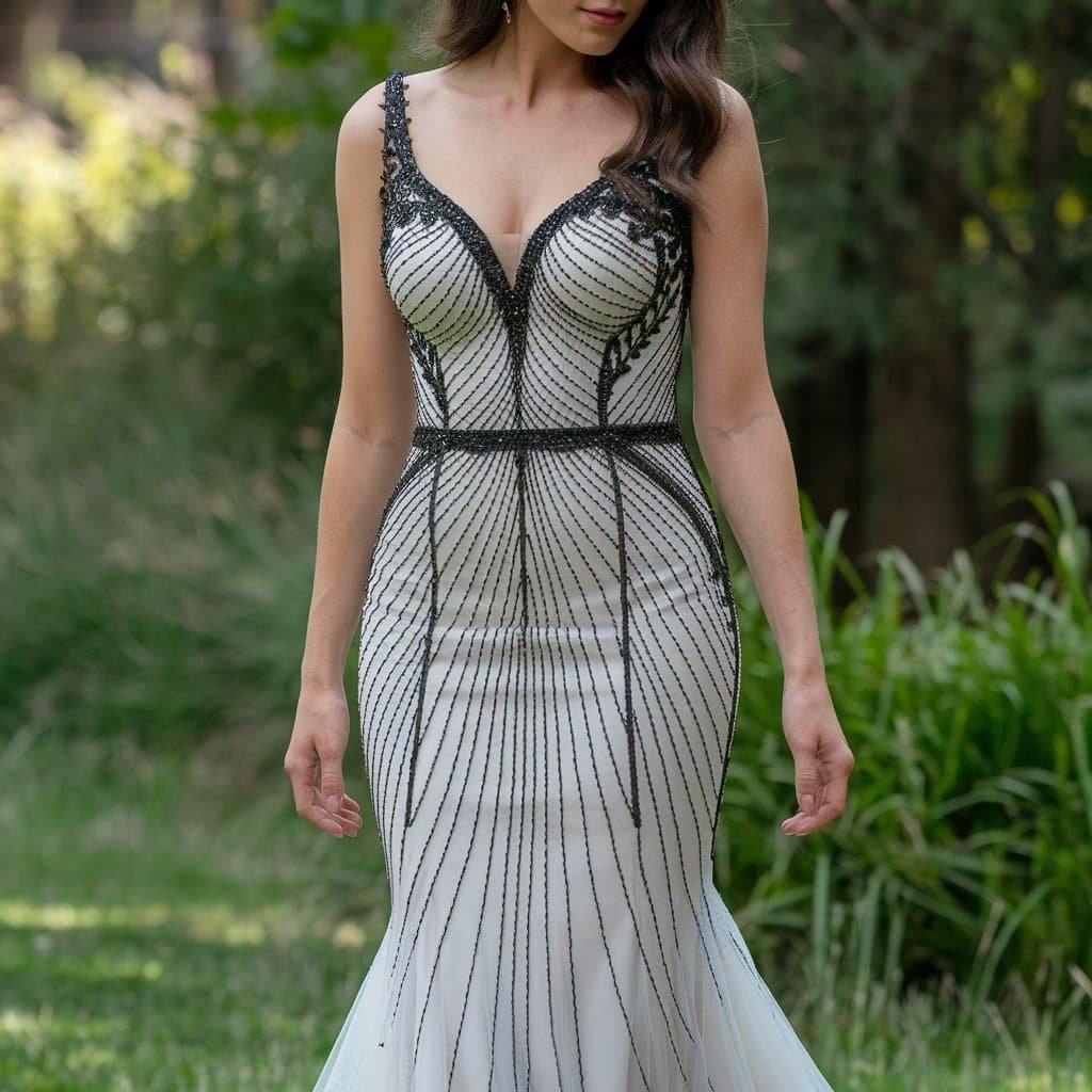 Glamorous black and white wedding dresses with stunning beadwork, perfect for brides seeking glamour and sparkle.