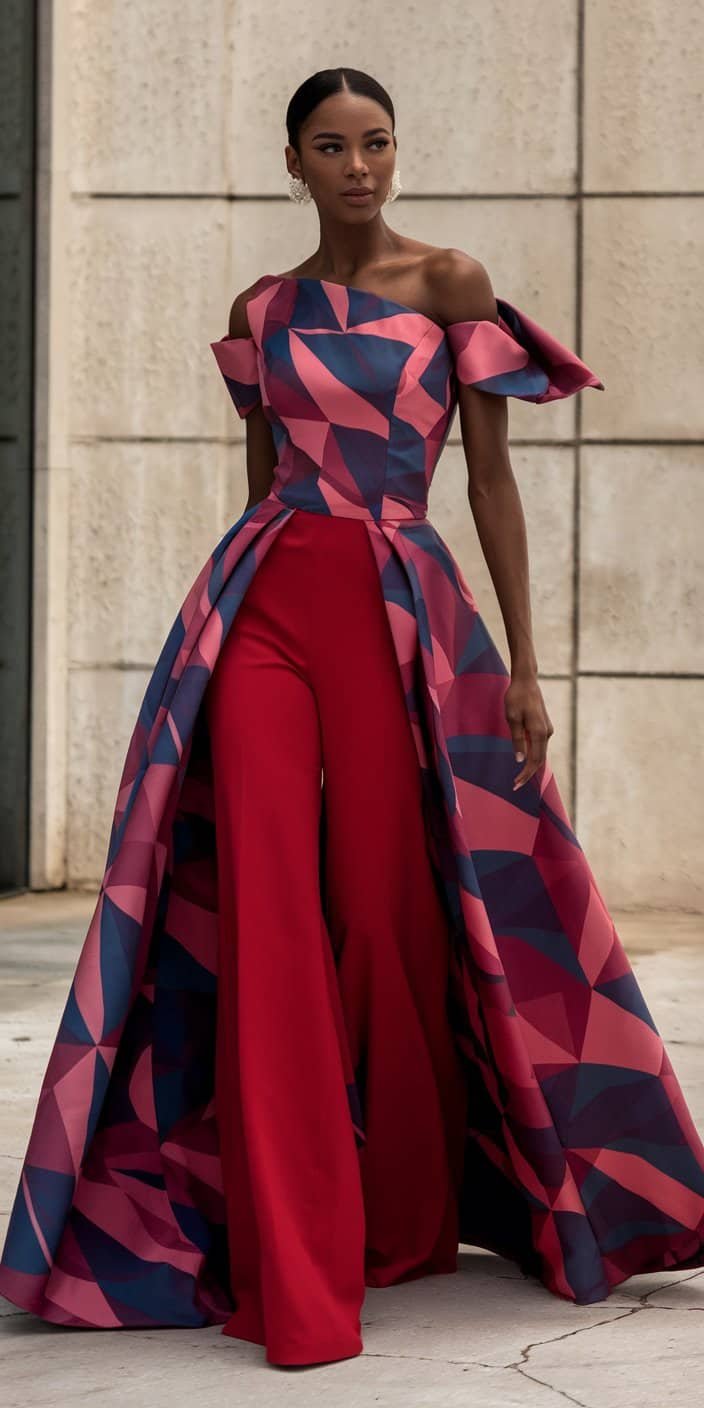 Geometric jumpsuit wedding dress with an asymmetrical neckline and trendy design elements