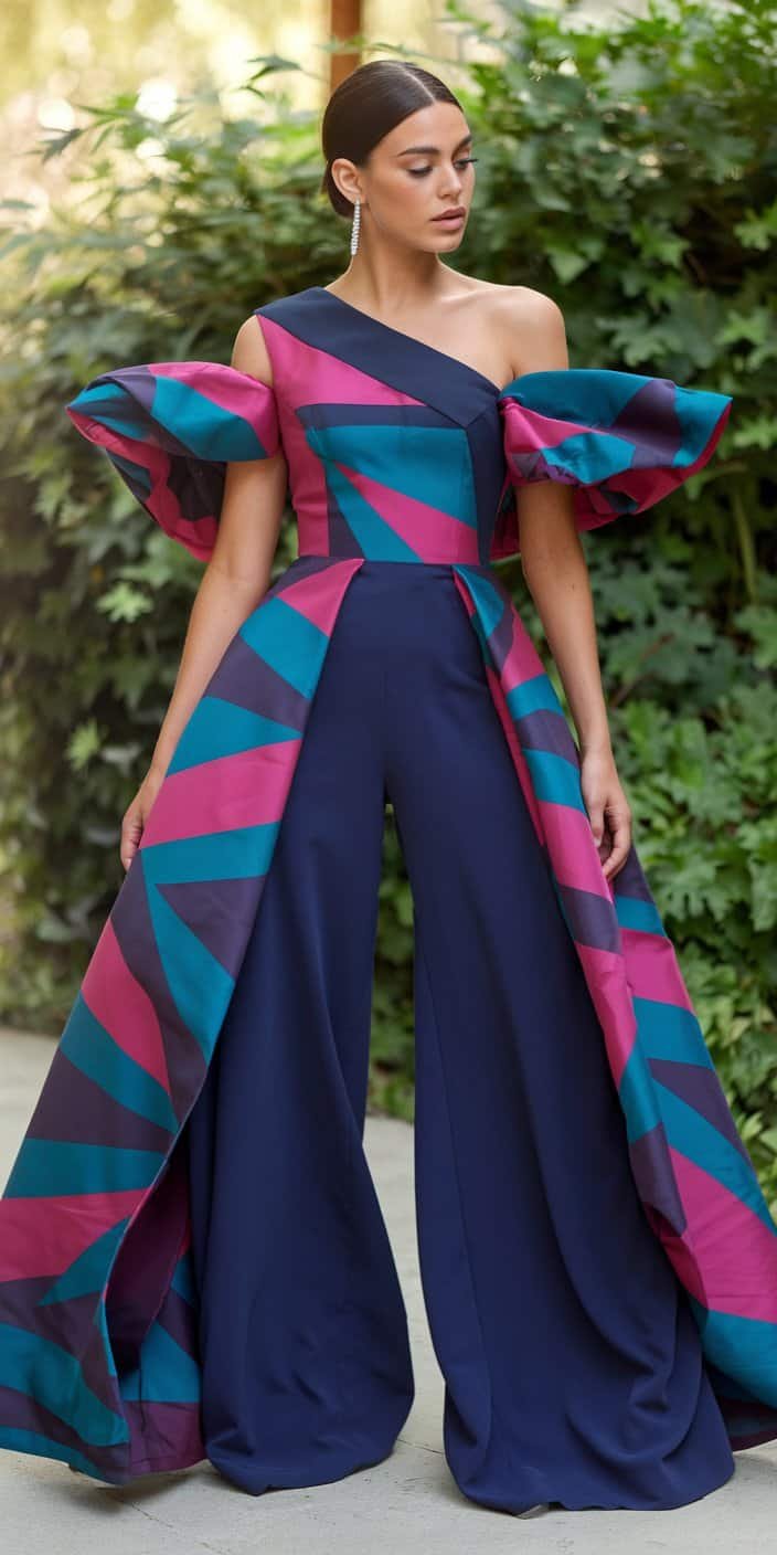 Bold jumpsuit wedding dress with geometric patterns and an off-the-shoulder design for modern brides